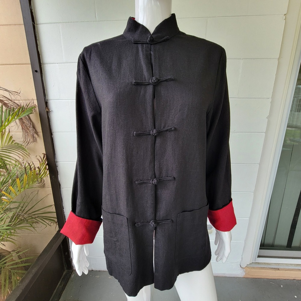 Reversible Tang Suit Jacket Red Black Women Large Vintage Traditional Minimalist - Picture 2 of 16